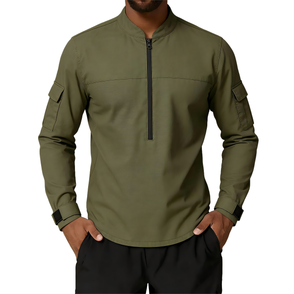 Men's Olive Green Cargo-Style Zip Shirt