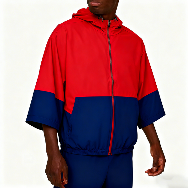 Red & Navy Half-Sleeve Hooded Jacket