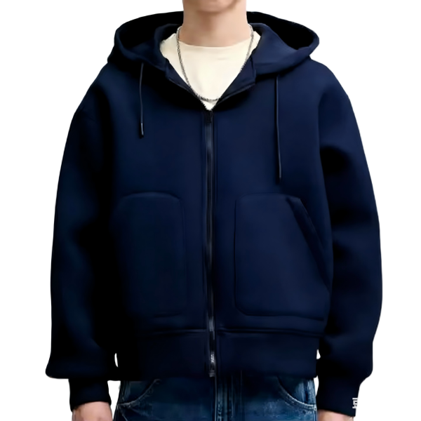 Navy Blue Hooded Zip-Up Jacket