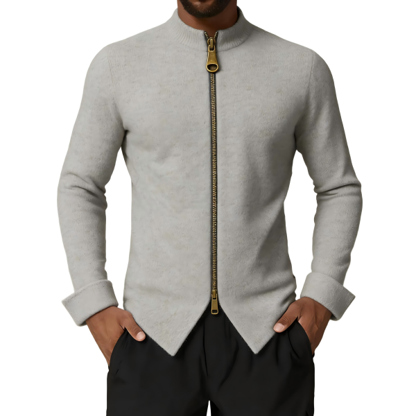 Men's Light Grey Full-Zip Knit Cardigan